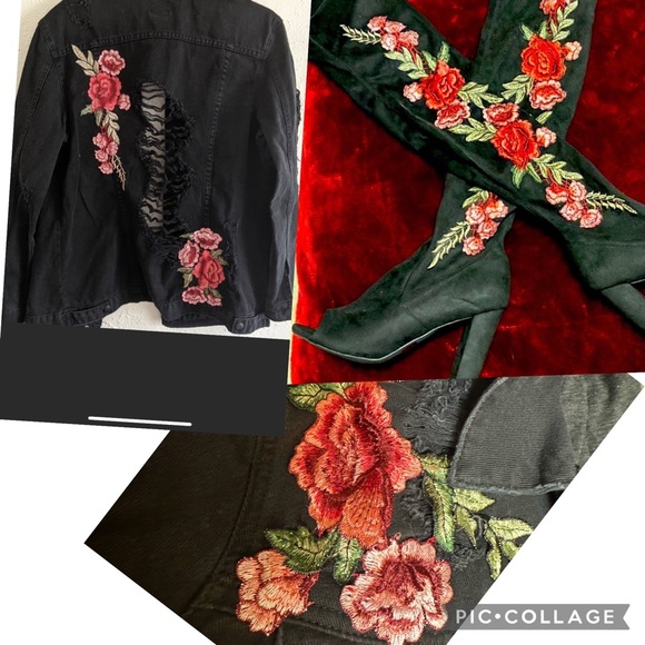 Fall ready 🍁Distressed Rose Embroidered Denim Jacked - Picture 1 of 8